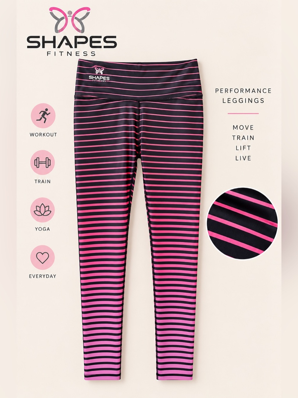 Shapes Fitness Striped Preformance Leggings - Black & Pink